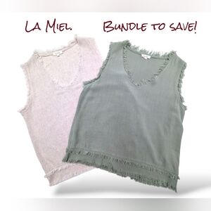 LA MIEL Frayed Hem Tank Tops in Cream and Green